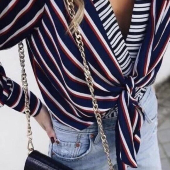 SzS Zara Wrap Bodysuit with Knotted Front & Red/Blue Stripes - EUC - Picture 10 of 12